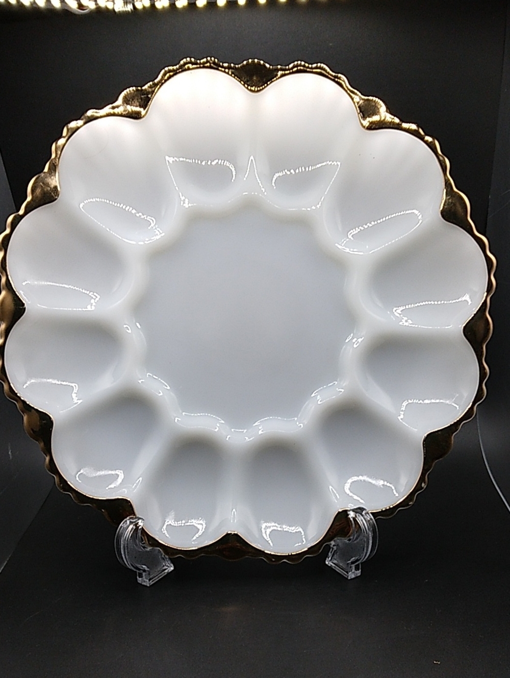 Vintage Milk Glass Deviled Egg Plate Gold Trim, Anchor Hocking, READ